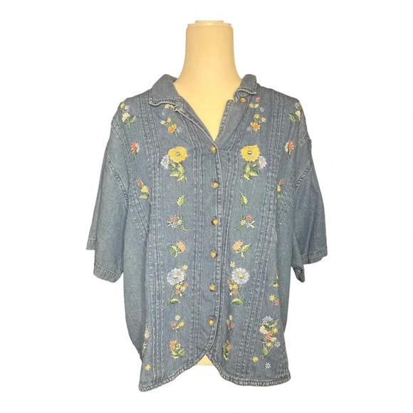 Needlepoint Floral Denim Shirt Cottagecore 24W - Picture 1 of 4